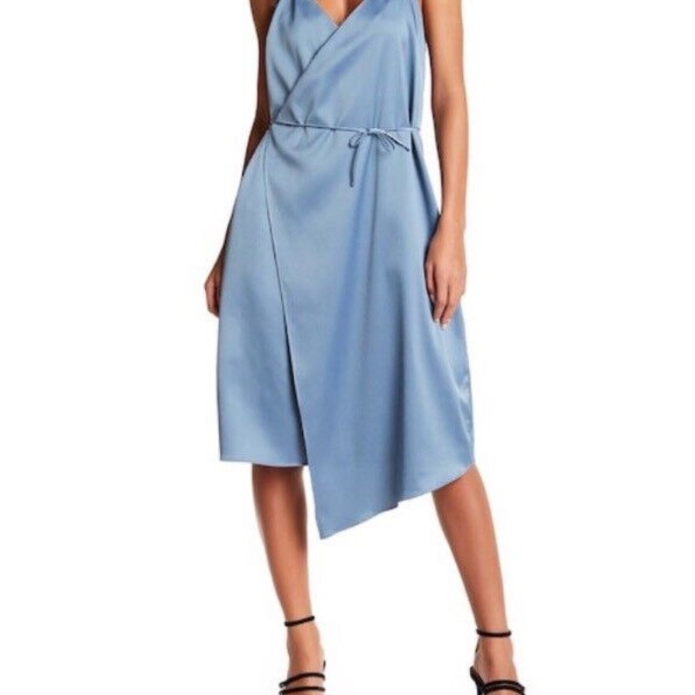 Fourteenth Place Satin Feel Blue Slip Wrap Dress